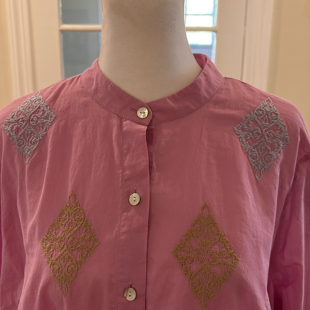 J. Jill Pink Cotton Button Down Tunic w/Embroidered Geometric Shapes. Size L. - Picture 2 of 11